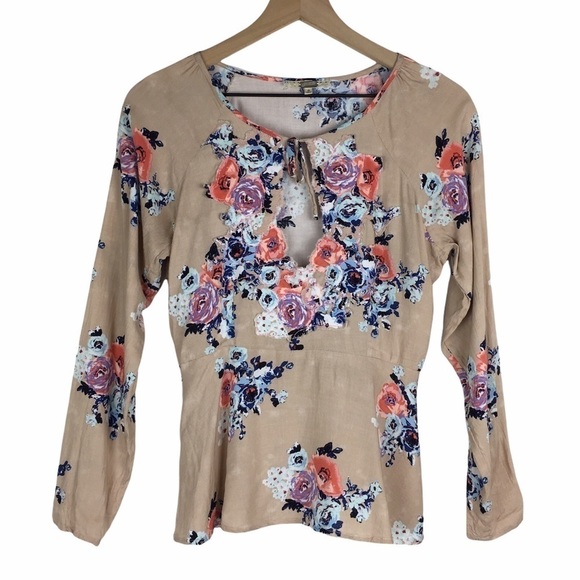 GIMMICKS by BKE Blouse Top Floral Appliqué Taupe Multicolor Boho Size Small - Picture 1 of 12